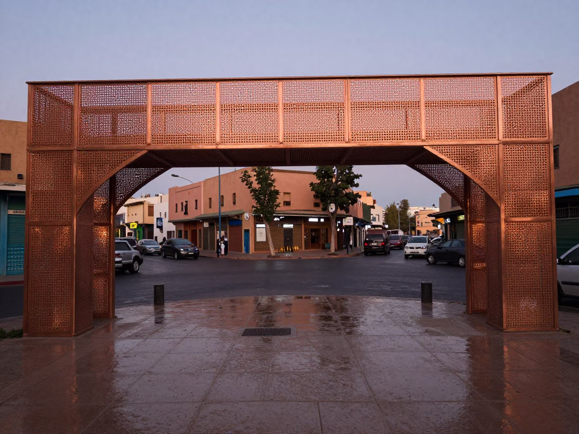 Marrakech Morocco Copper Light Dusk Pedestrian Overpass Perforated Metal Woven Basket and Traditional Textiles in in Marrakech, Morocco