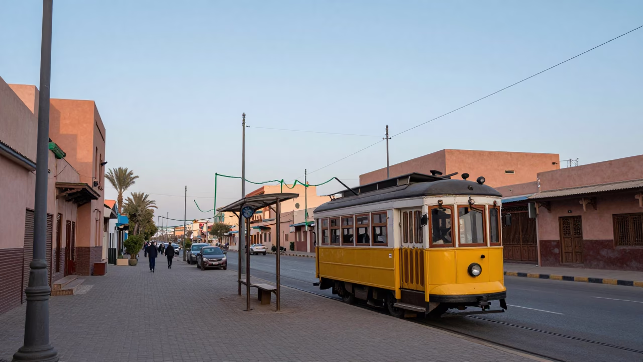 Marrakech Morocco Dawn Street Scene with Vintage Yellow Tramcar and Local Life in in Marrakech, Morocco