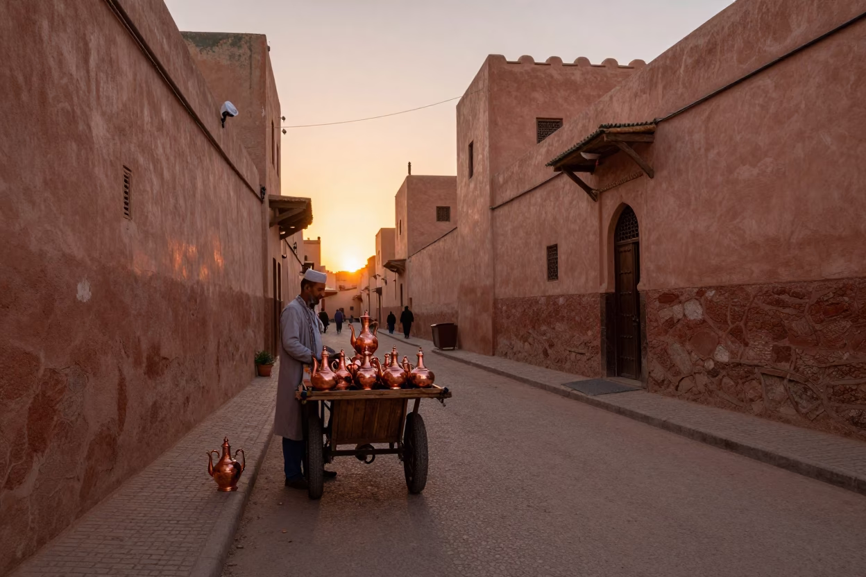 Marrakech Morocco Dusk Street Scene Clay Teapot and Local Life in in Marrakech, Morocco