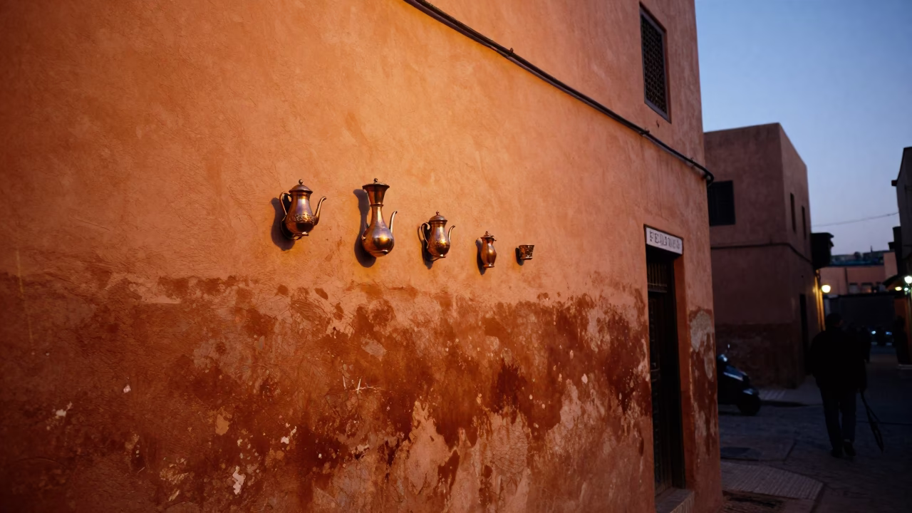 Marrakech Morocco Dusk Street Scene Traditional Tea Stains Wall Hook and Copper Light in in Marrakech, Morocco