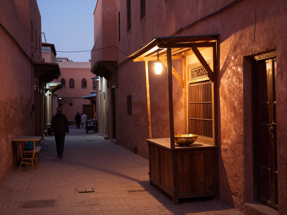 Marrakech Morocco Dusk Street Scene with Copper Light and Local Life in in Marrakech, Morocco