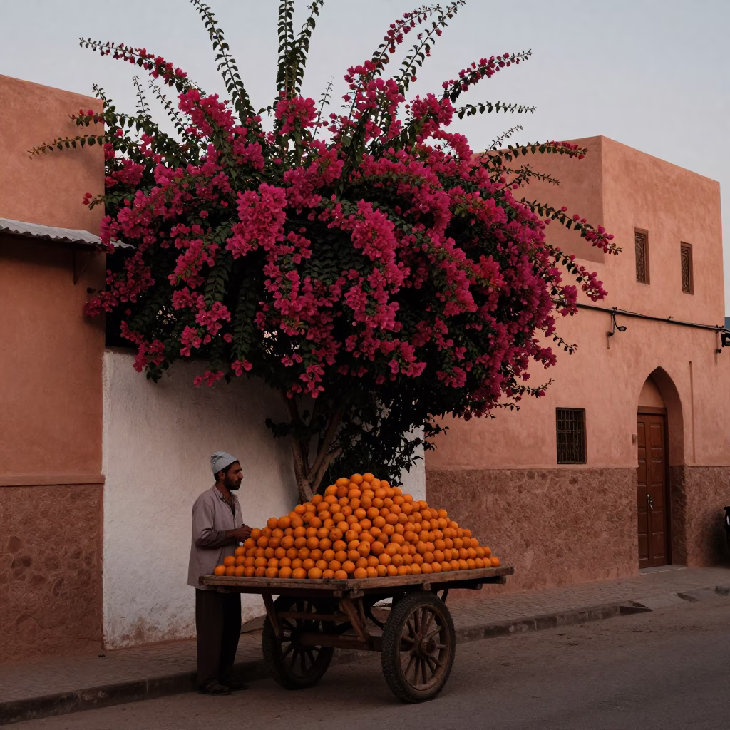Marrakech Morocco Dusk Street Scene with Oranges and Bougainvillea in in Marrakech, Morocco