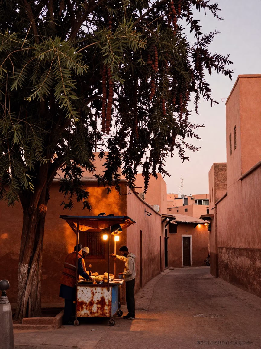 Marrakech Morocco Dusk Street Scene with Tamarind Tree and Rusty Pot Lid in in Marrakech, Morocco