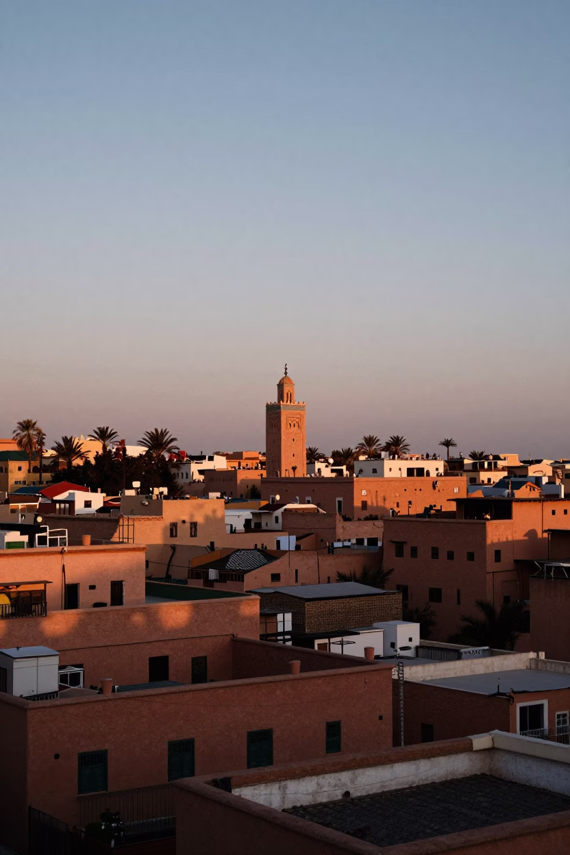 Marrakech Morocco Early Evening Skyline View with Traditional Architecture and Urban Landscape in in Marrakech, Morocco