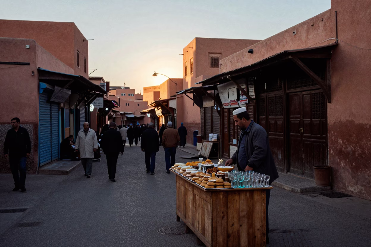 Marrakech Morocco Early Evening Street Scene with Pastries and Glass Jars in Souk in in Marrakech, Morocco