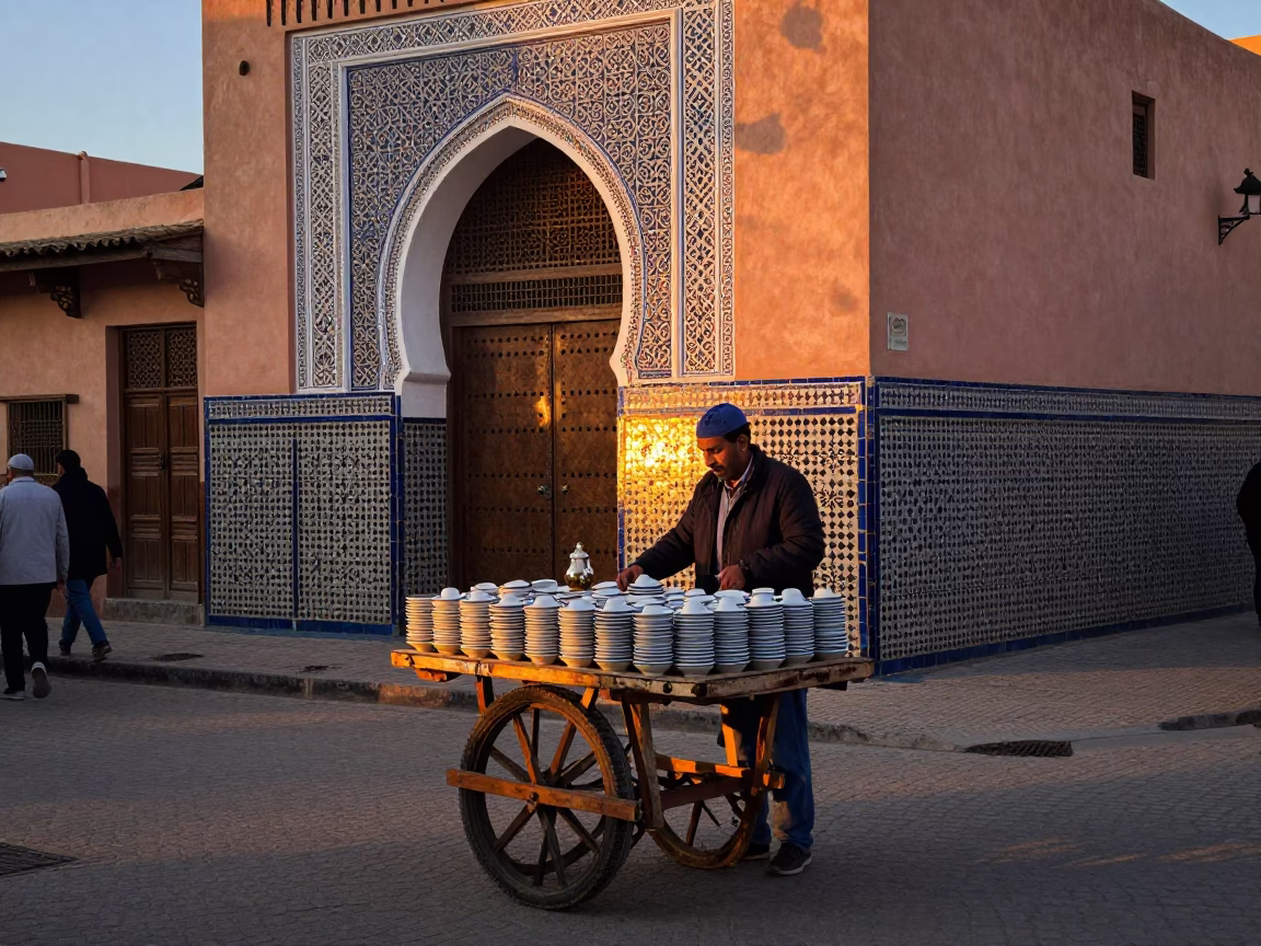 Marrakech Morocco Early Evening Street Scene with Tea Saucers and Local Interaction in in Marrakech, Morocco