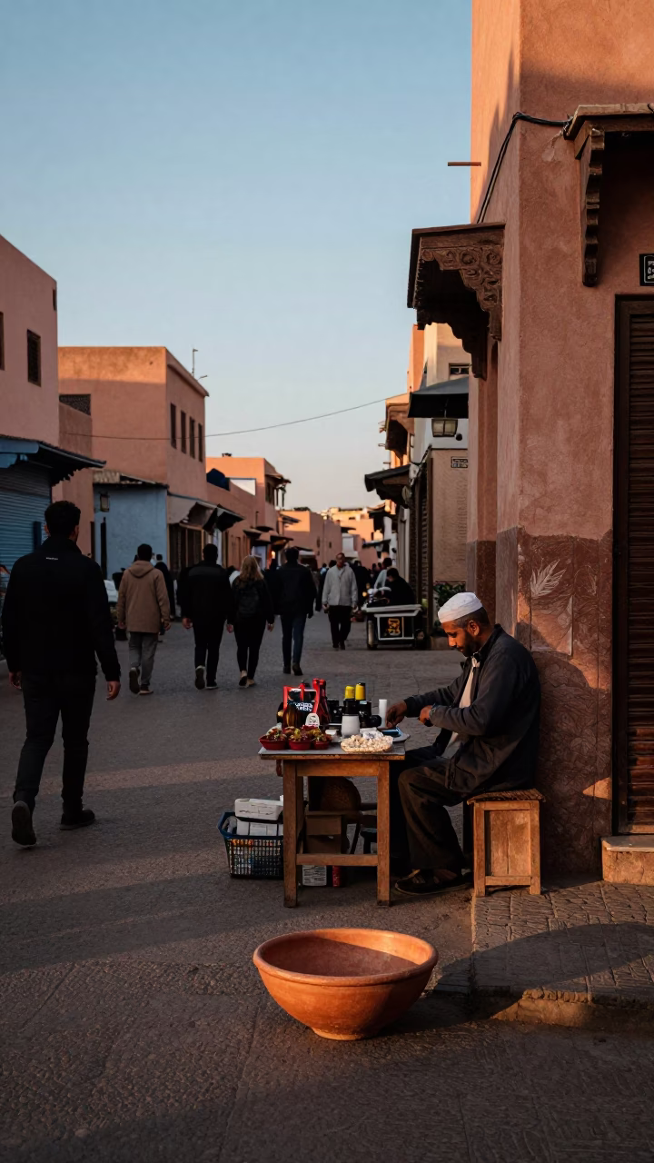 Marrakech Morocco Early Evening Street Scene with Terracotta Bowl and Local Vendor in in Marrakech, Morocco