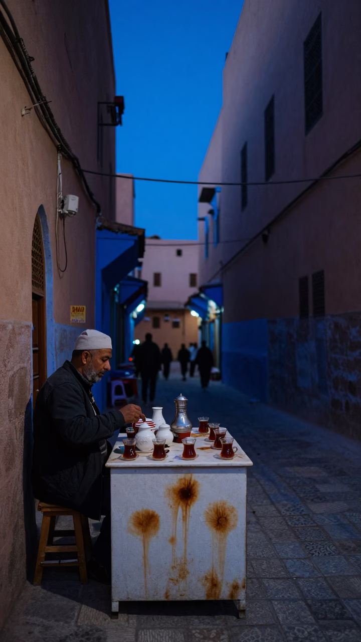 Marrakech Morocco Evening Blue Hour Street Scene with Tea Stains and Lantern Light in in Marrakech, Morocco