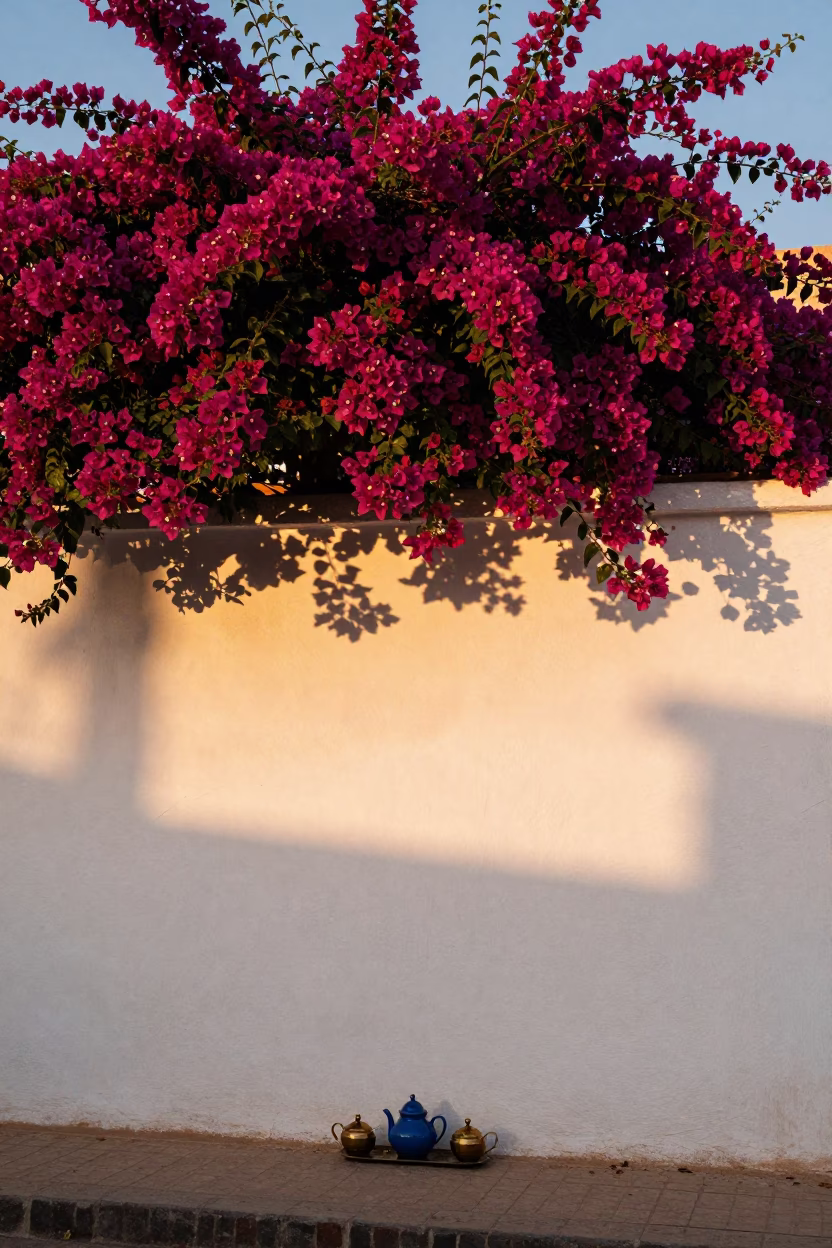 Marrakech Morocco Evening Light Bougainvillea White Wall Tea Service in in Marrakech, Morocco