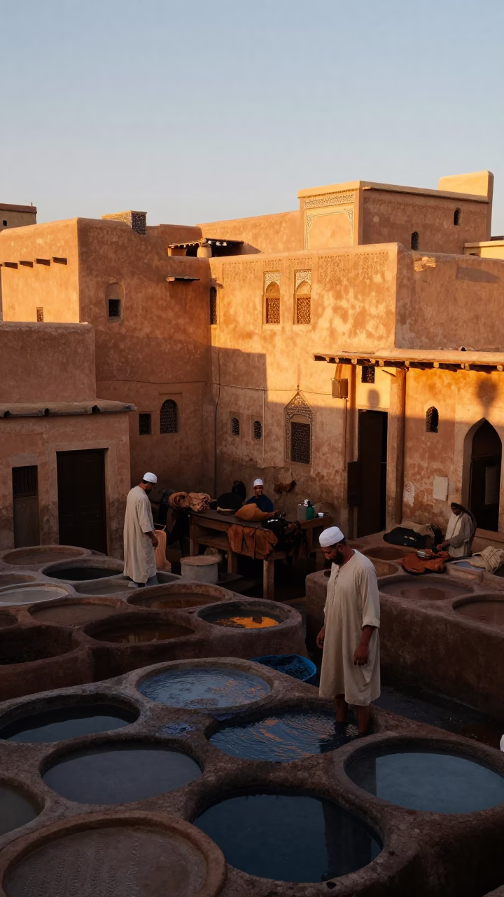 Marrakech Morocco Evening Light on Traditional Leather Tannery Workers and Dye Vats in in Marrakech, Morocco