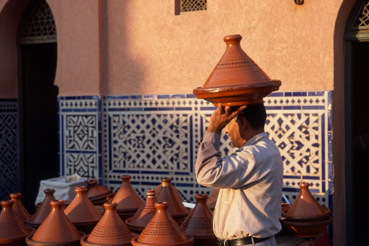 Marrakech Morocco Evening Light Traditional Tagine Pottery and Street Vendor Scene in in Marrakech, Morocco