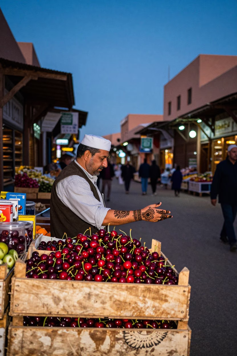 Marrakech Morocco Evening Souk Scene with Cherries and Mehndi Artistry in in Marrakech, Morocco