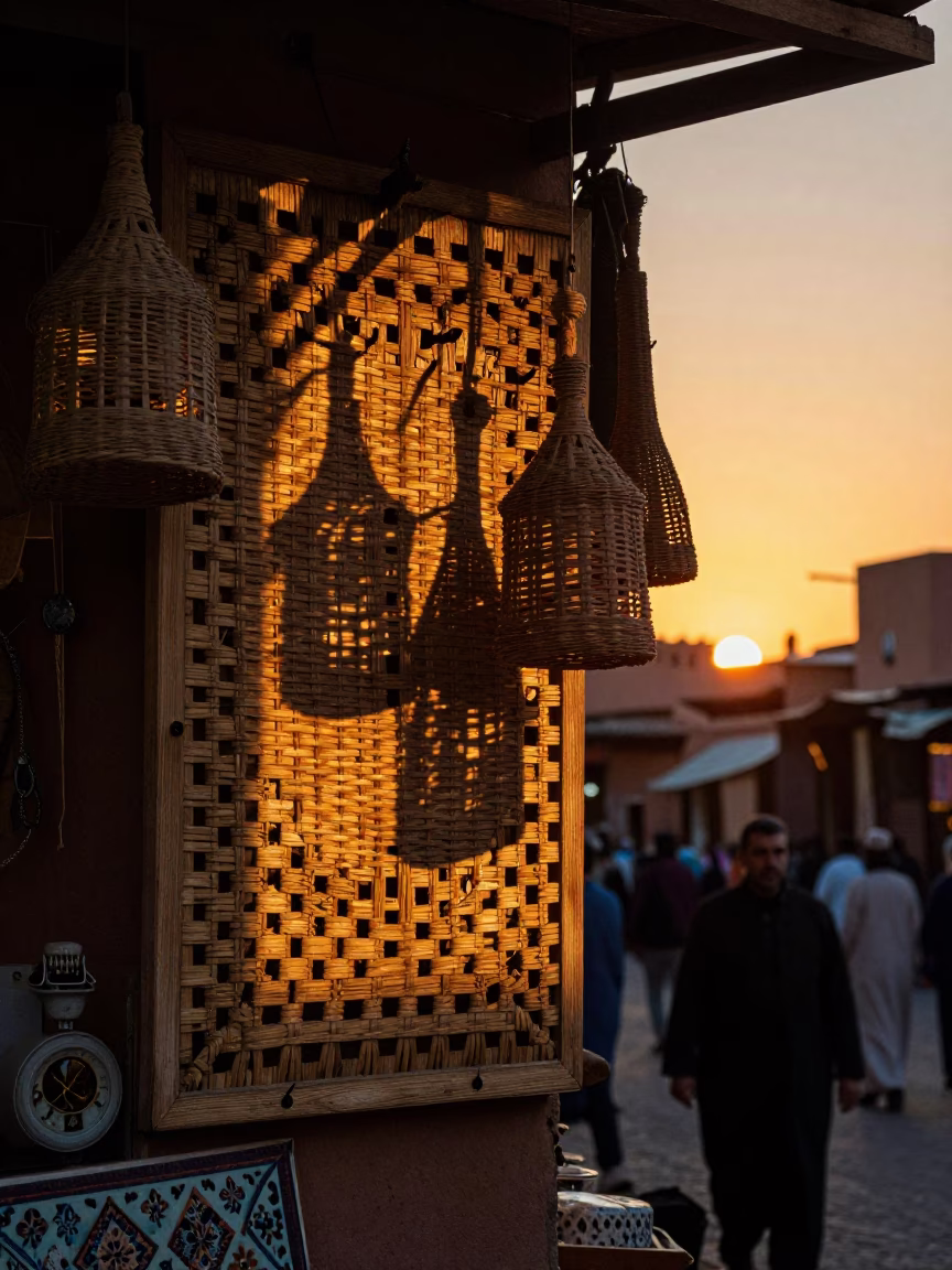 Marrakech Morocco Evening Souk Scene with Wicker Shadows and Traditional Crafts in in Marrakech, Morocco