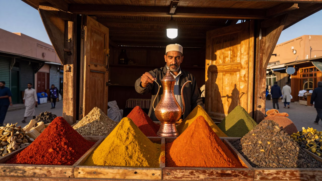 Marrakech Morocco Evening Souk Stall with Copper Coffee Pot and Colorful Spices in in Marrakech, Morocco
