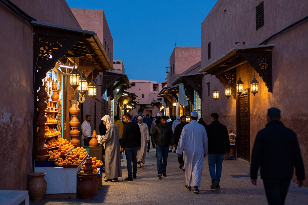 Marrakech Morocco Evening Street Scene with Apricots and Traditional Terracotta Bowls in in Marrakech, Morocco