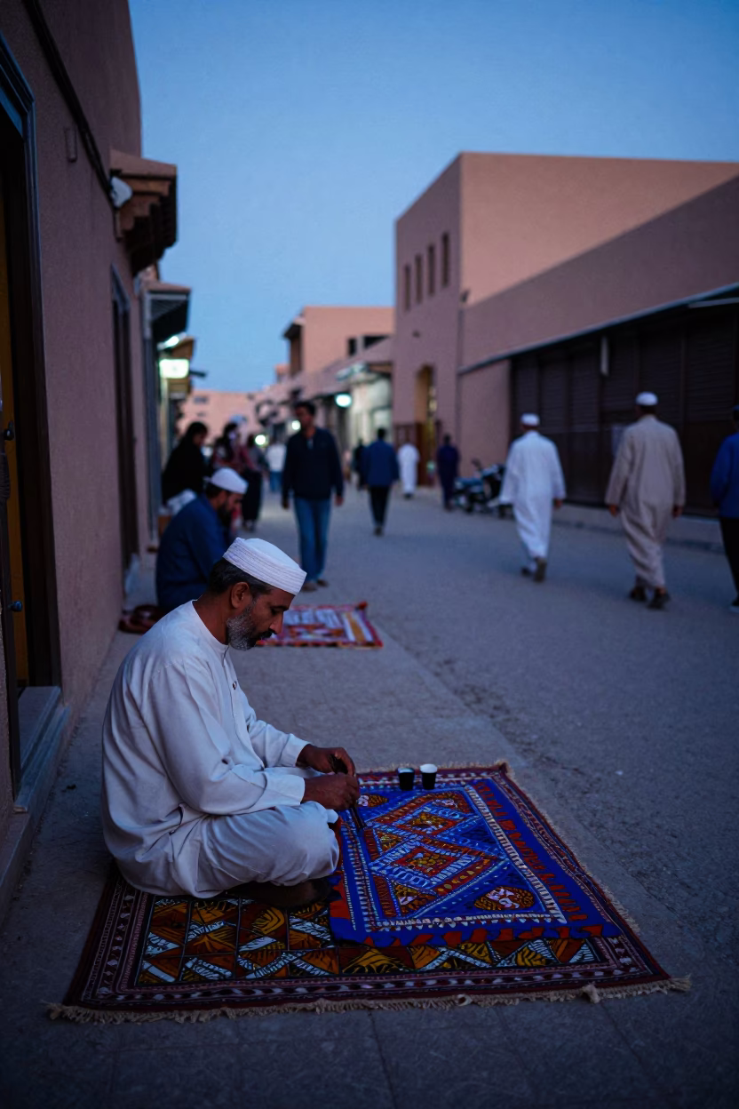 Marrakech Morocco Evening Street Scene with Batik Artist and Traditional Craft in in Marrakech, Morocco