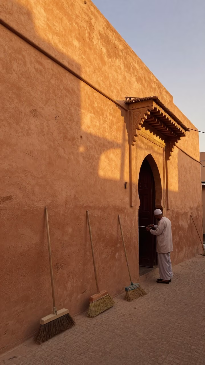 Marrakech Morocco Evening Street Scene with Brooms and Plaster Walls in in Marrakech, Morocco