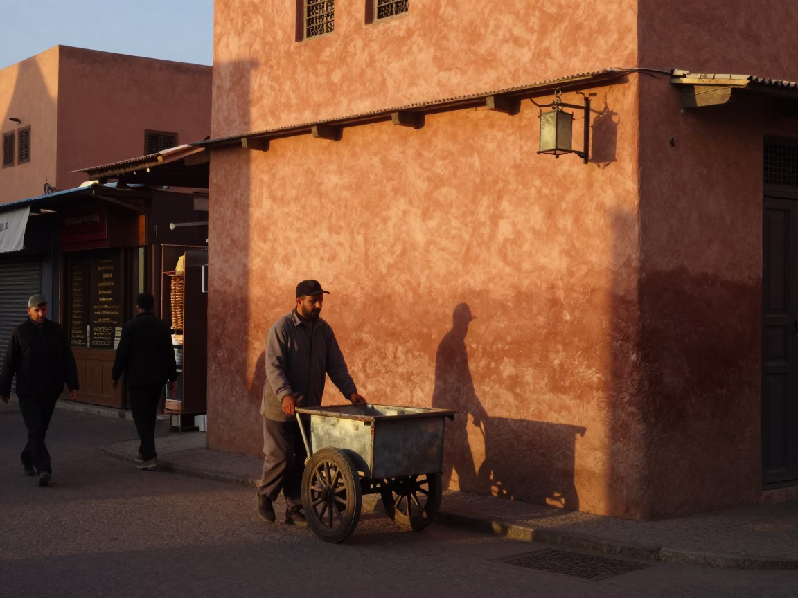 Marrakech Morocco Evening Street Scene with Caster Wheel and Kebab Plate in in Marrakech, Morocco
