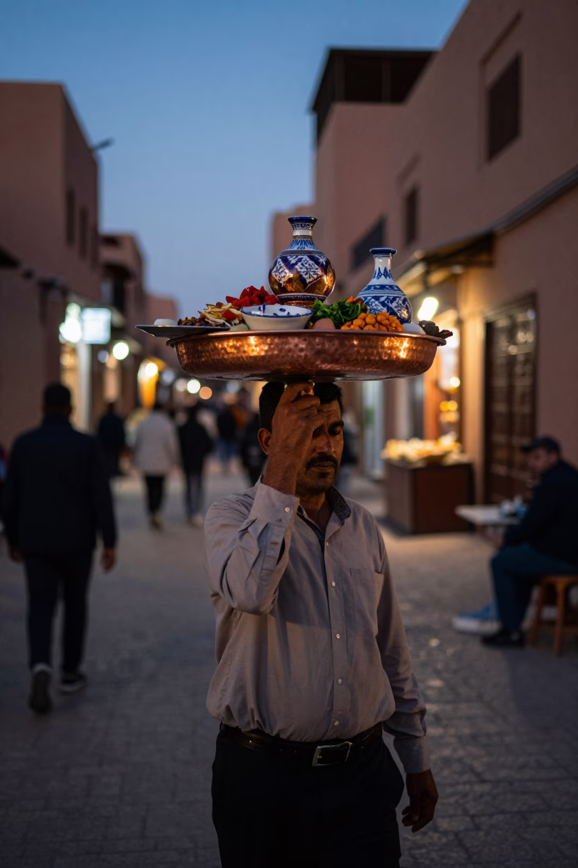 Marrakech Morocco Evening Street Scene with Copper Tray and Ceramic Cup in in Marrakech, Morocco