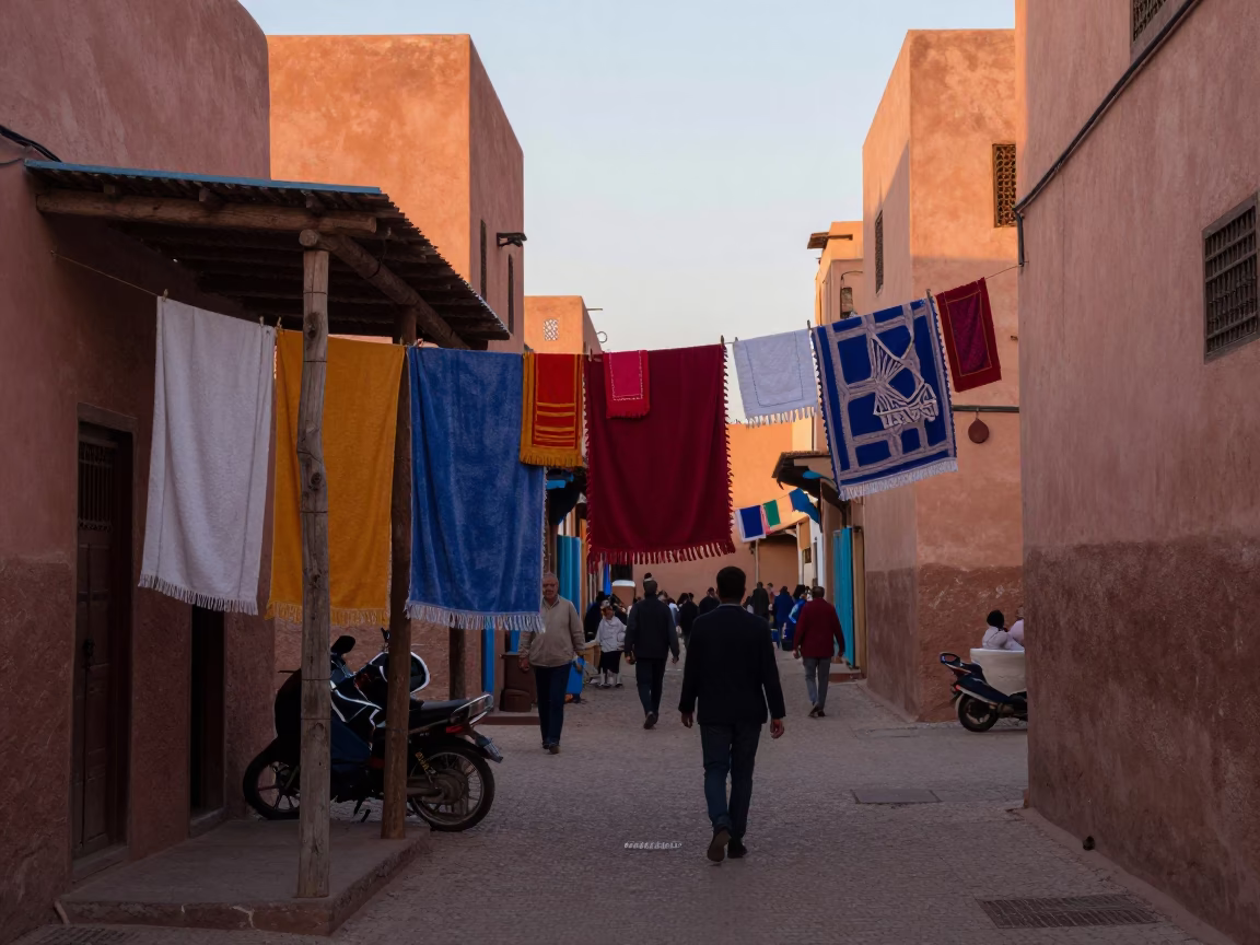Marrakech Morocco Evening Street Scene with Drying Towels and Local Life in in Marrakech, Morocco