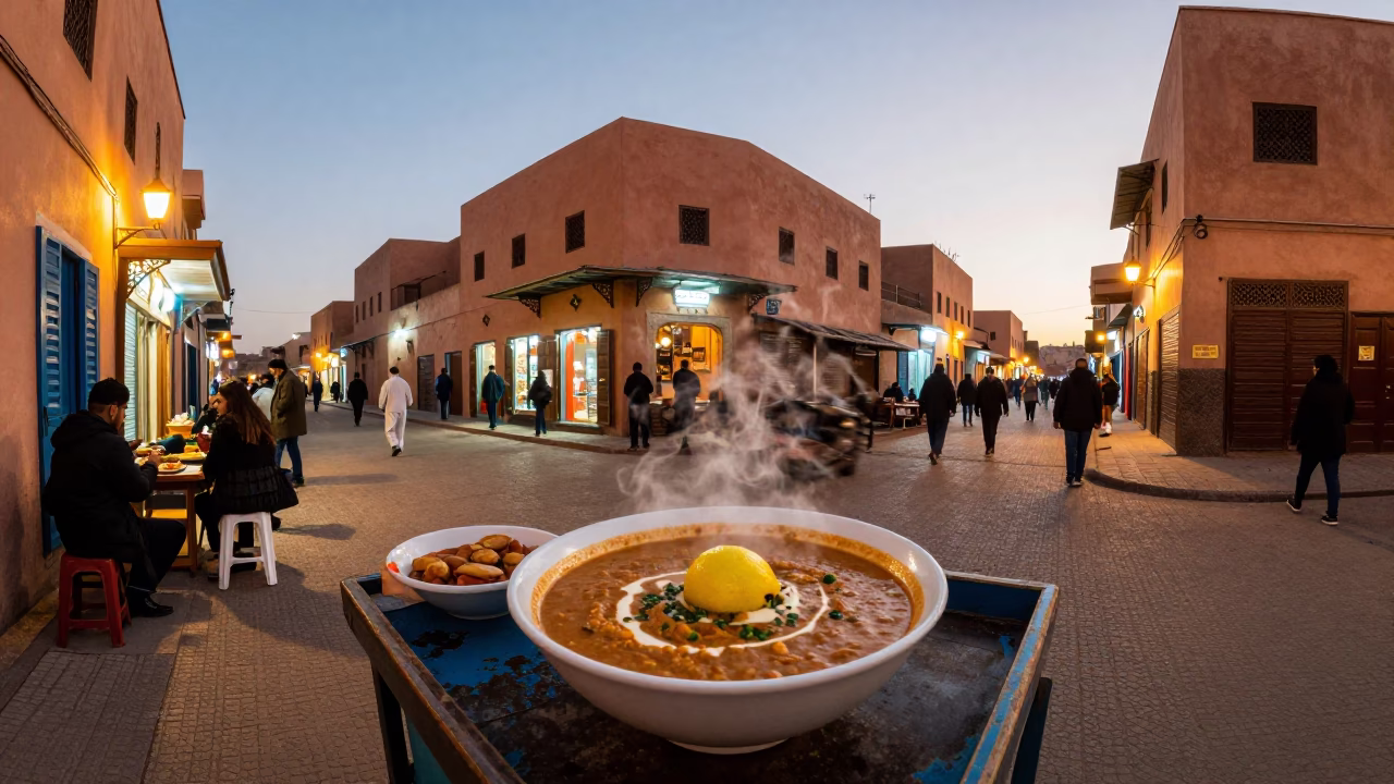 Marrakech Morocco Evening Street Scene with Harira Soup Bowl and Linen Fringe at Dusk in in Marrakech, Morocco