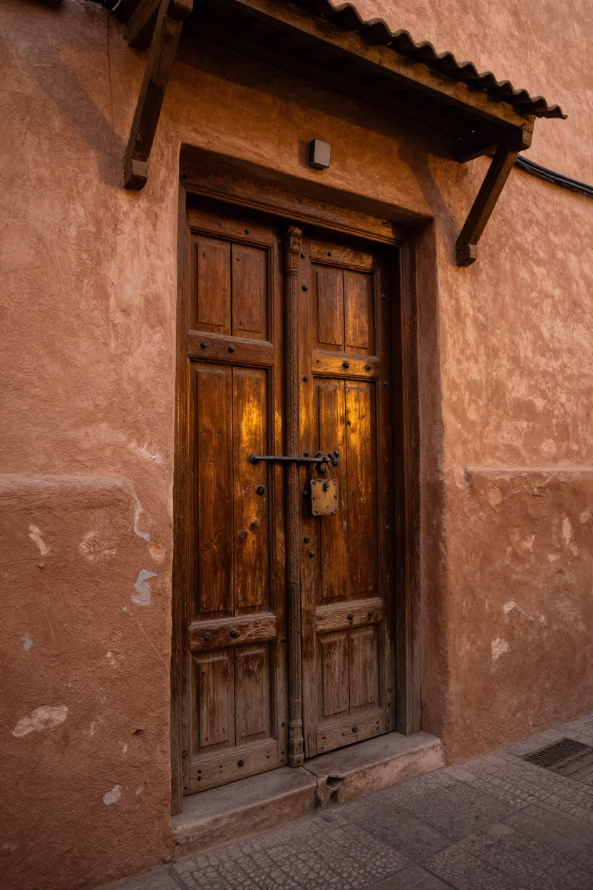 Marrakech Morocco Evening Street Scene with Iron Deadbolt and Traditional Architecture in in Marrakech, Morocco
