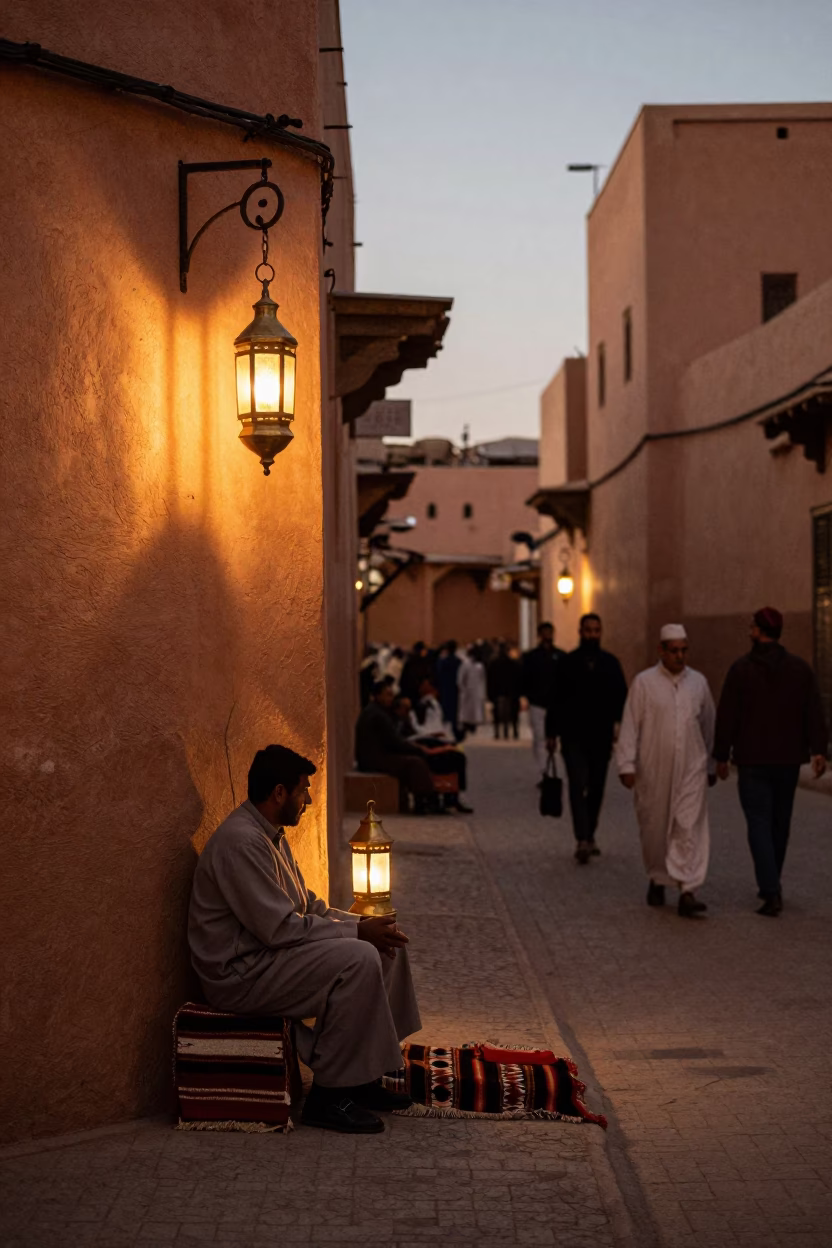 Marrakech Morocco Evening Street Scene with Lantern and Blanket in in Marrakech, Morocco