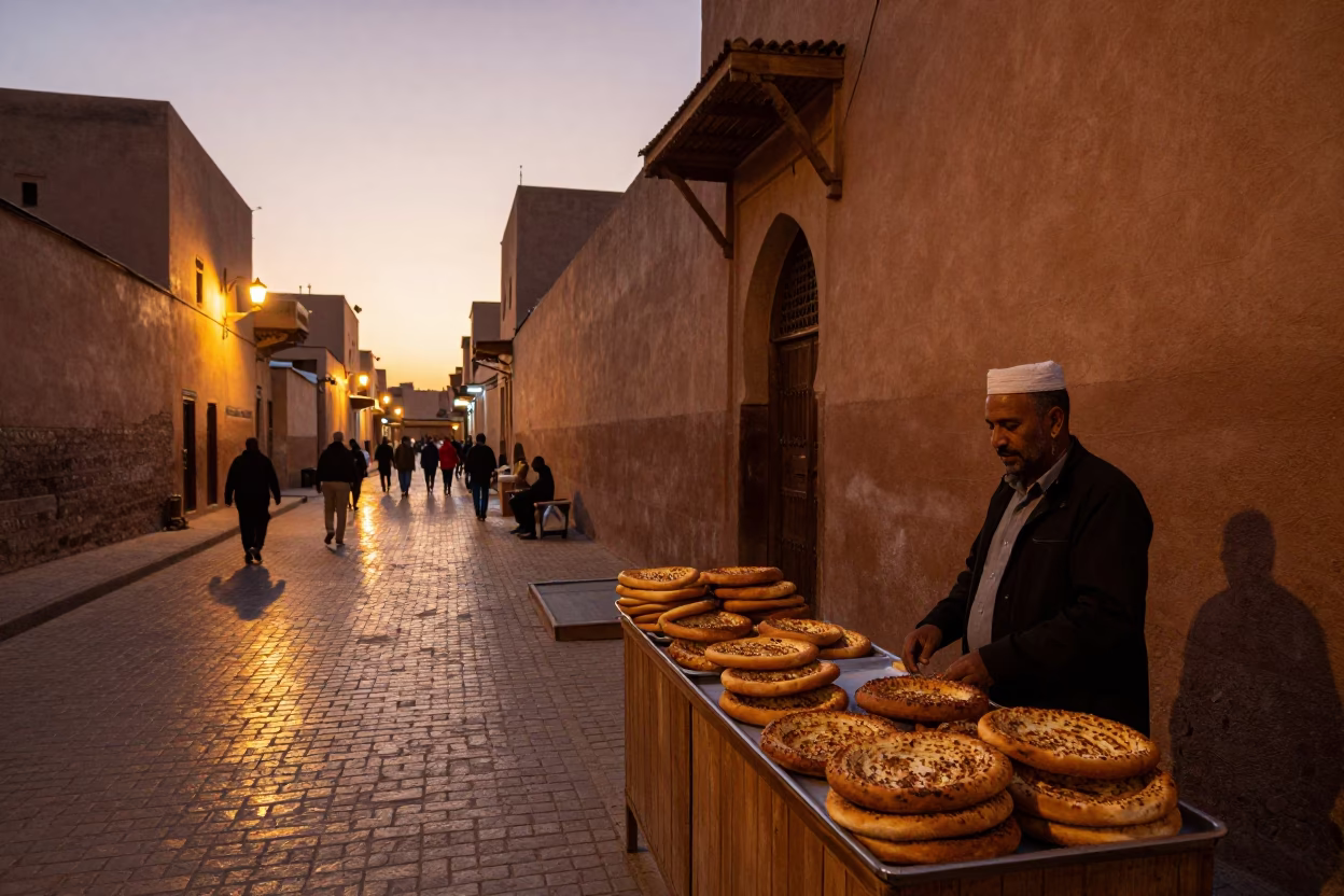 Marrakech Morocco evening street scene with manakeesh zaatar bread and ceramic cup in in Marrakech, Morocco