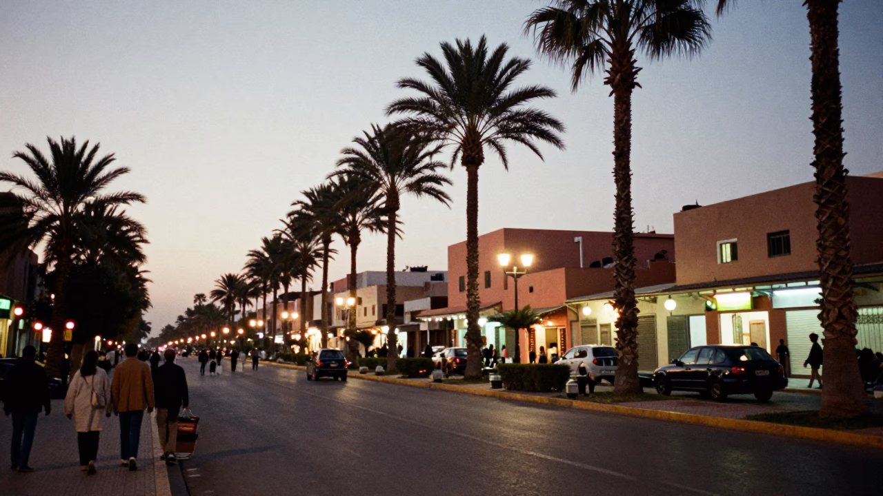 Marrakech Morocco evening street scene with palm tree avenue and traditional cooking pot in in Marrakech, Morocco