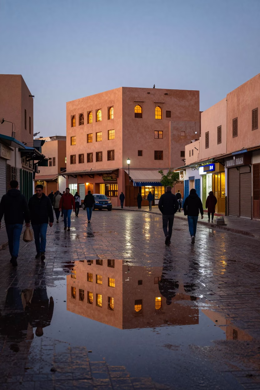 Marrakech Morocco Evening Street Scene with Puddle Reflections and Hotel Lights in in Marrakech, Morocco