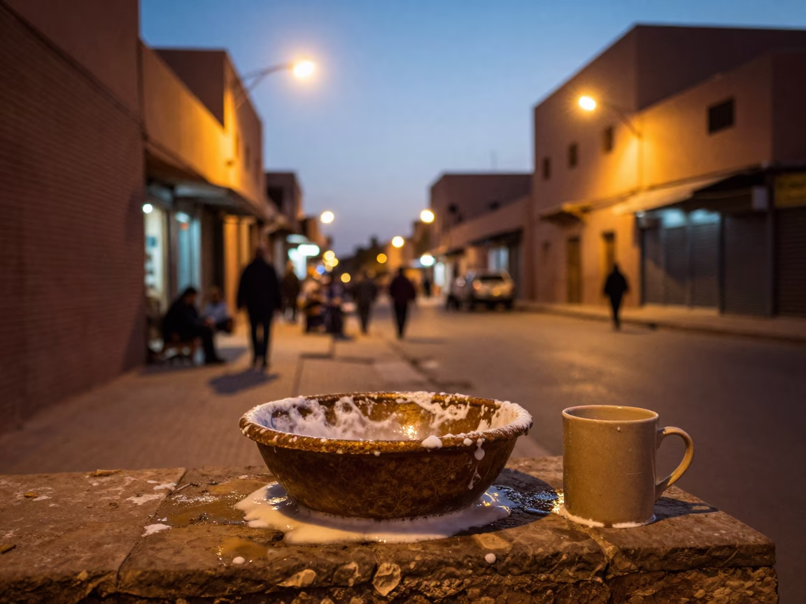 Marrakech Morocco evening street scene with soap residue and mug near basin in in Marrakech, Morocco
