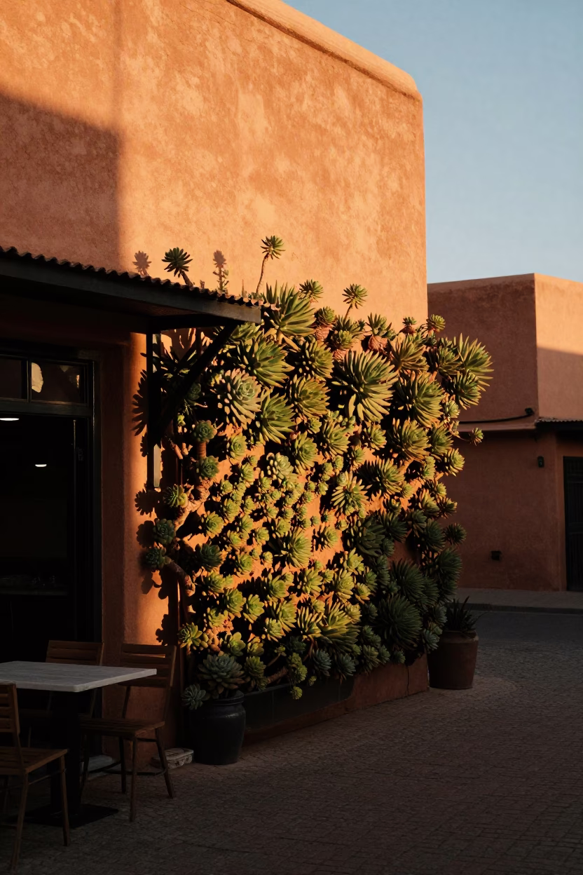 Marrakech Morocco Evening Street Scene with Succulent Living Wall and Traditional Architecture in in Marrakech, Morocco