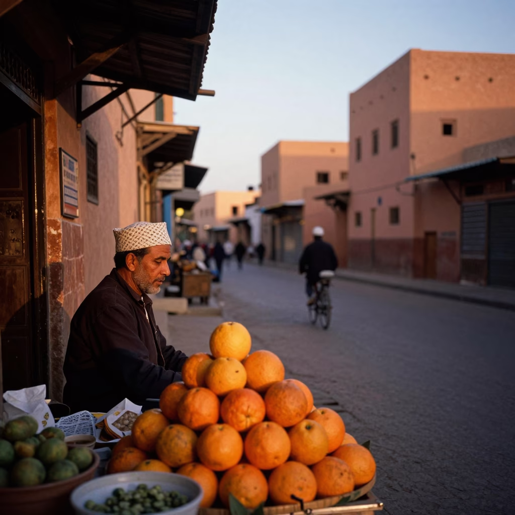Marrakech Morocco Evening Street Scene with Traditional Architecture and Local Life in in Marrakech, Morocco