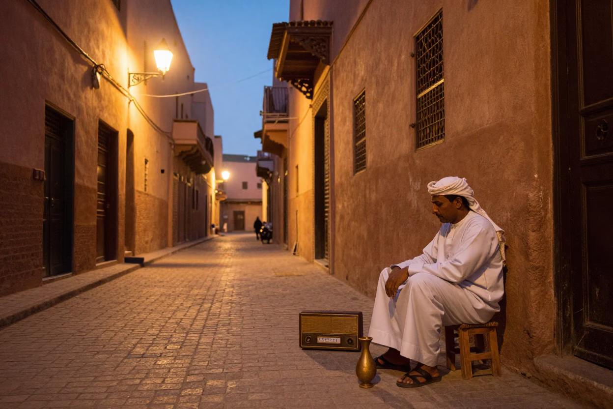 Marrakech Morocco Evening Street Scene with Vintage Radio and Carafe at Dusk in in Marrakech, Morocco