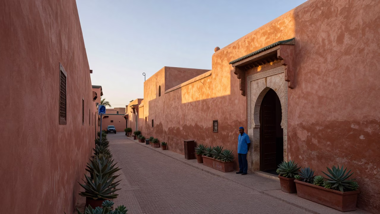 Marrakech Morocco First Light Dawn Street Scene with Succulents in Terracotta Pots in in Marrakech, Morocco