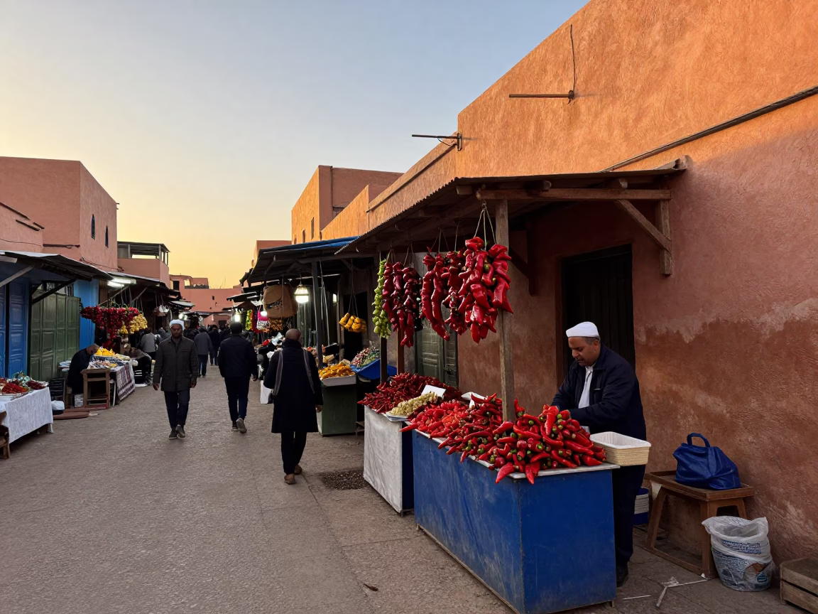 Marrakech Morocco First Light Dawn Street Scene with Traditional Market Goods in in Marrakech, Morocco