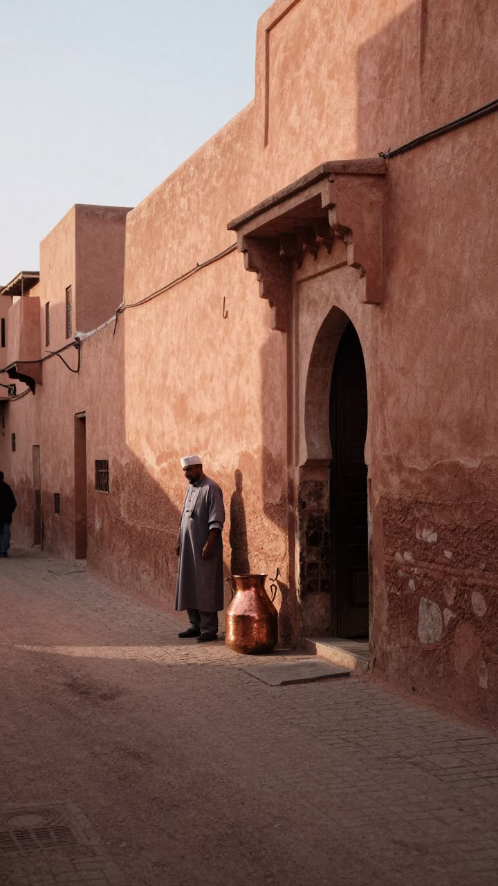 Marrakech Morocco First Light Street Scene with Copper Pot and Morning Market Activity in in Marrakech, Morocco