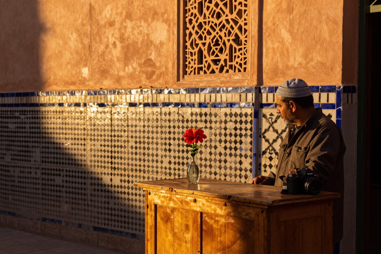 Marrakech Morocco honeyed evening light street scene with hibiscus flower and local commerce in in Marrakech, Morocco