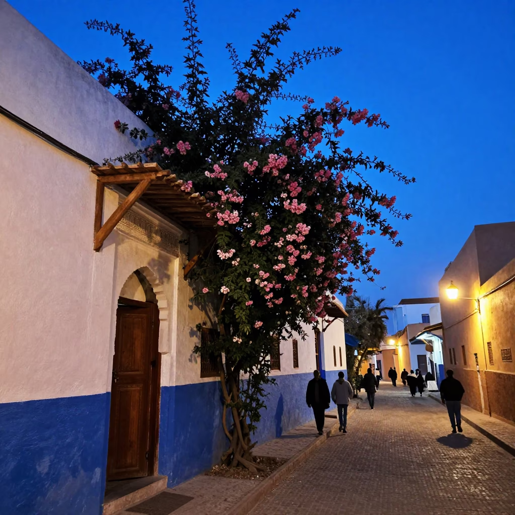Marrakech Morocco indigo twilight street scene with climbing jasmine and shop window gelato display in in Marrakech, Morocco