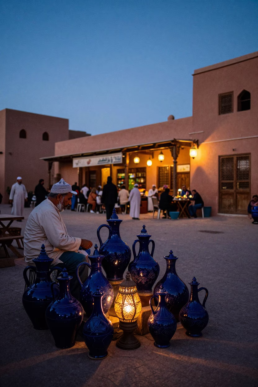 Marrakech Morocco Indigo Twilight Street Scene with Glazed Ceramic Pitcher in in Marrakech, Morocco