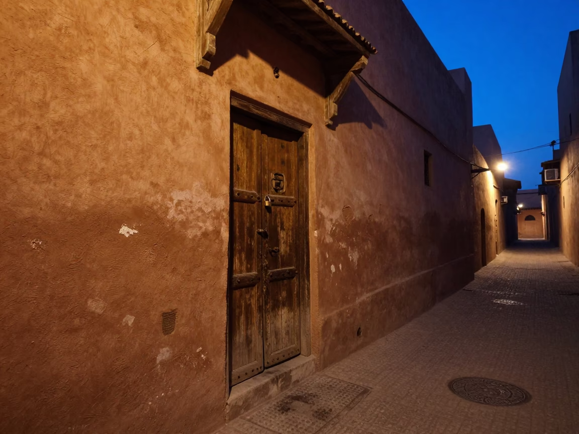 Marrakech Morocco indigo twilight street scene with padlock on door and bustling souk atmosphere in in Marrakech, Morocco