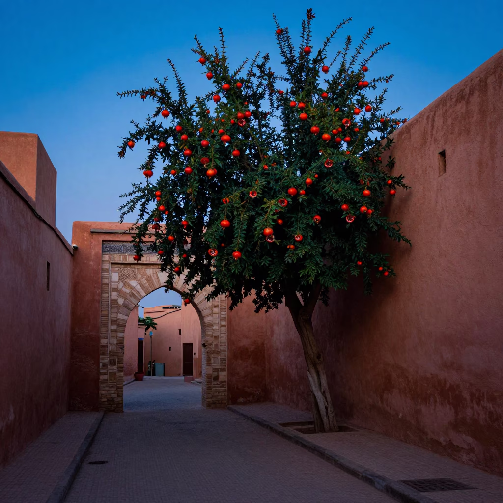 Marrakech Morocco Indigo Twilight Street Scene with Pomegranate Tree and Traditional Architecture in in Marrakech, Morocco