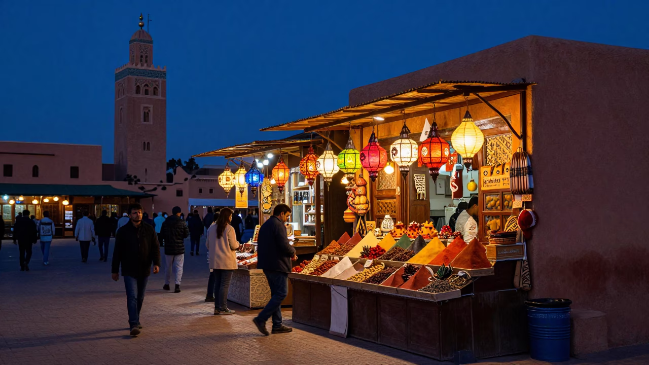 Marrakech Morocco Indigo Twilight Street Scene with Spices and Lanterns in in Marrakech, Morocco