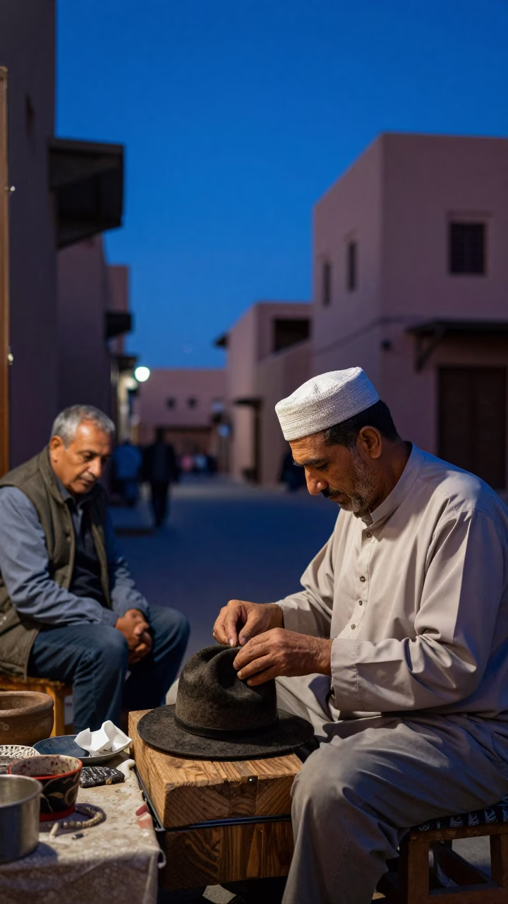Marrakech Morocco Indigo Twilight Street Scene with Traditional Hatmaker and Felt Craftsmanship in in Marrakech, Morocco