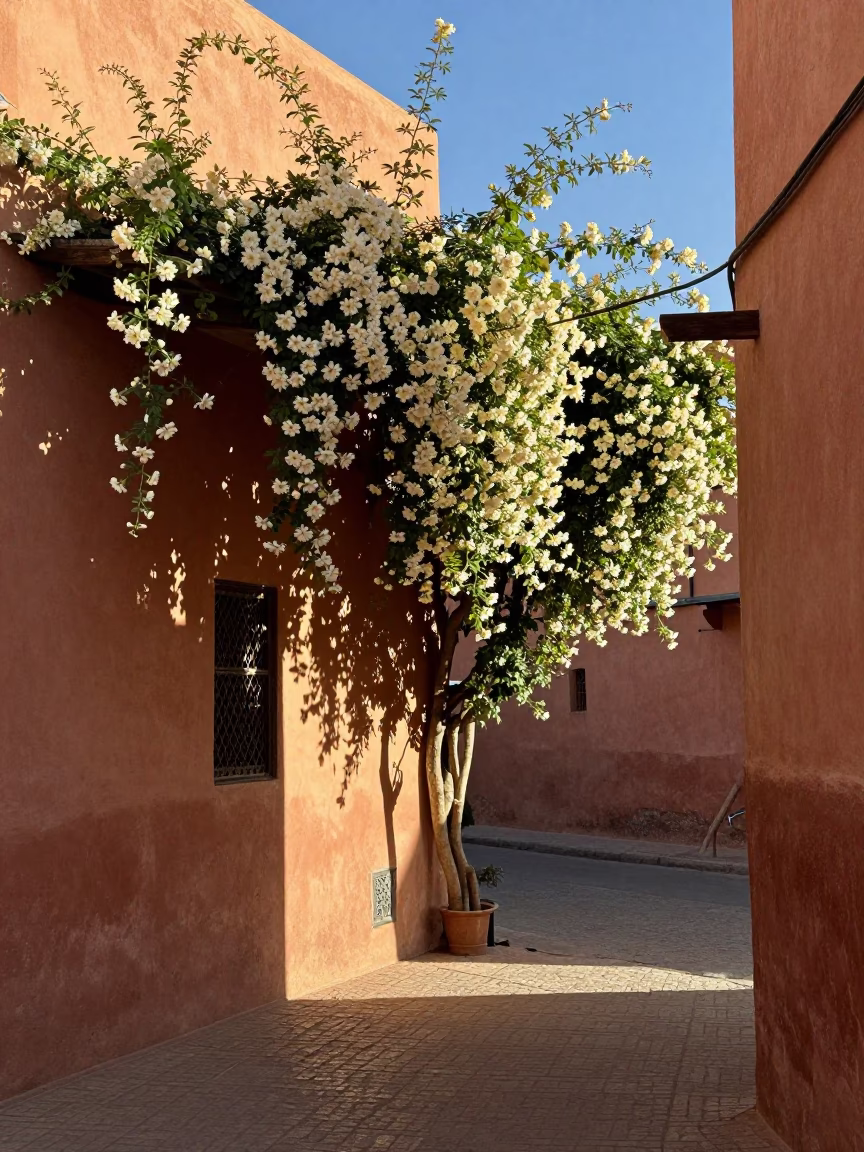 Marrakech Morocco Late Afternoon Jasmine Trellis Window Light Street Scene in in Marrakech, Morocco