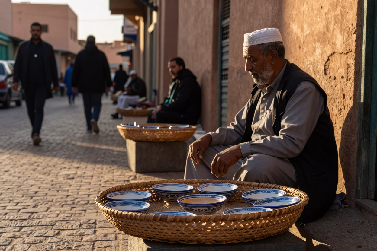 Marrakech Morocco Late Afternoon Street Scene with Local Vendor and Traditional Basket Tray in in Marrakech, Morocco