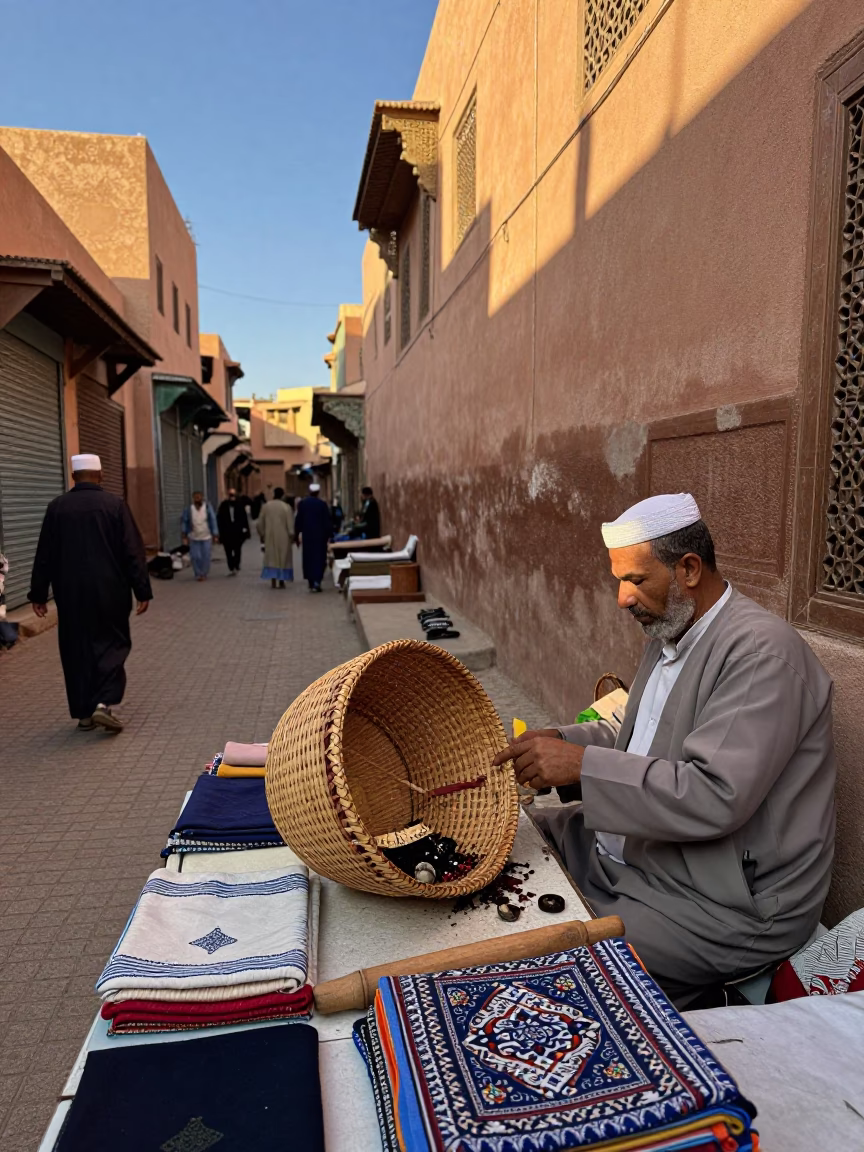 Marrakech Morocco Late Afternoon Street Scene with Sewing Basket and Rolling Pin in in Marrakech, Morocco