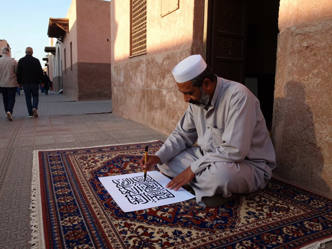 Marrakech Morocco Late Afternoon Street Scene with Traditional Calligraphy Demonstration in in Marrakech, Morocco