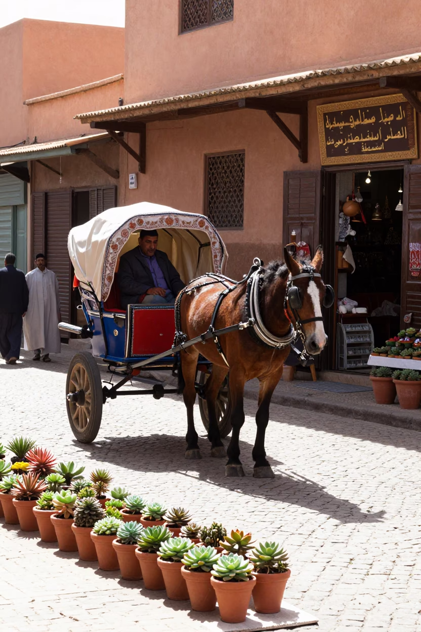 Marrakech Morocco Midmorning Street Scene with Horse Cart and Terracotta Pots in in Marrakech, Morocco