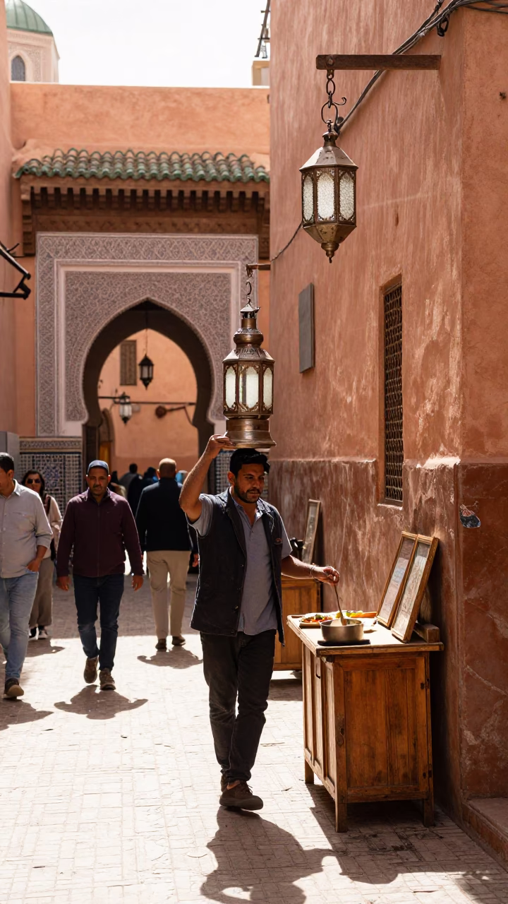 Marrakech Morocco Midmorning Street Scene with Lanterns and Traditional Architecture in in Marrakech, Morocco